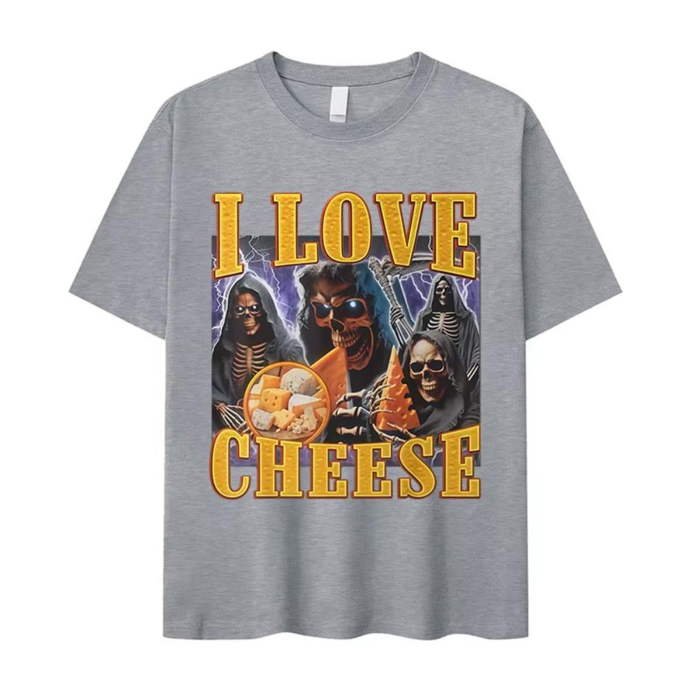 Ich liebe Käse Lustiges Skelett Meme Grafik T-Shirt Herren Vintage Übergroßes Kurzarm-T-Shirt Mode Baumwoll-T-Shirt