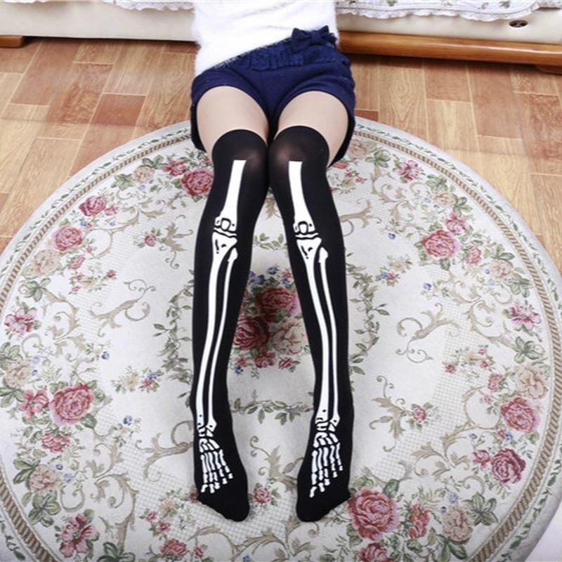 Meias Listradas Engraçadas Cosplay Acima do Joelho Halloween Padrão de Osso Furcular de Sangue Cosplay Feminino