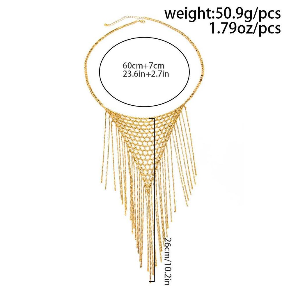 Salircon Exaggerated Trendy Design Woven Mesh Chain Clavicle Chain Multilayer Long Tassel Women Necklace Geometric Chain Jewelry