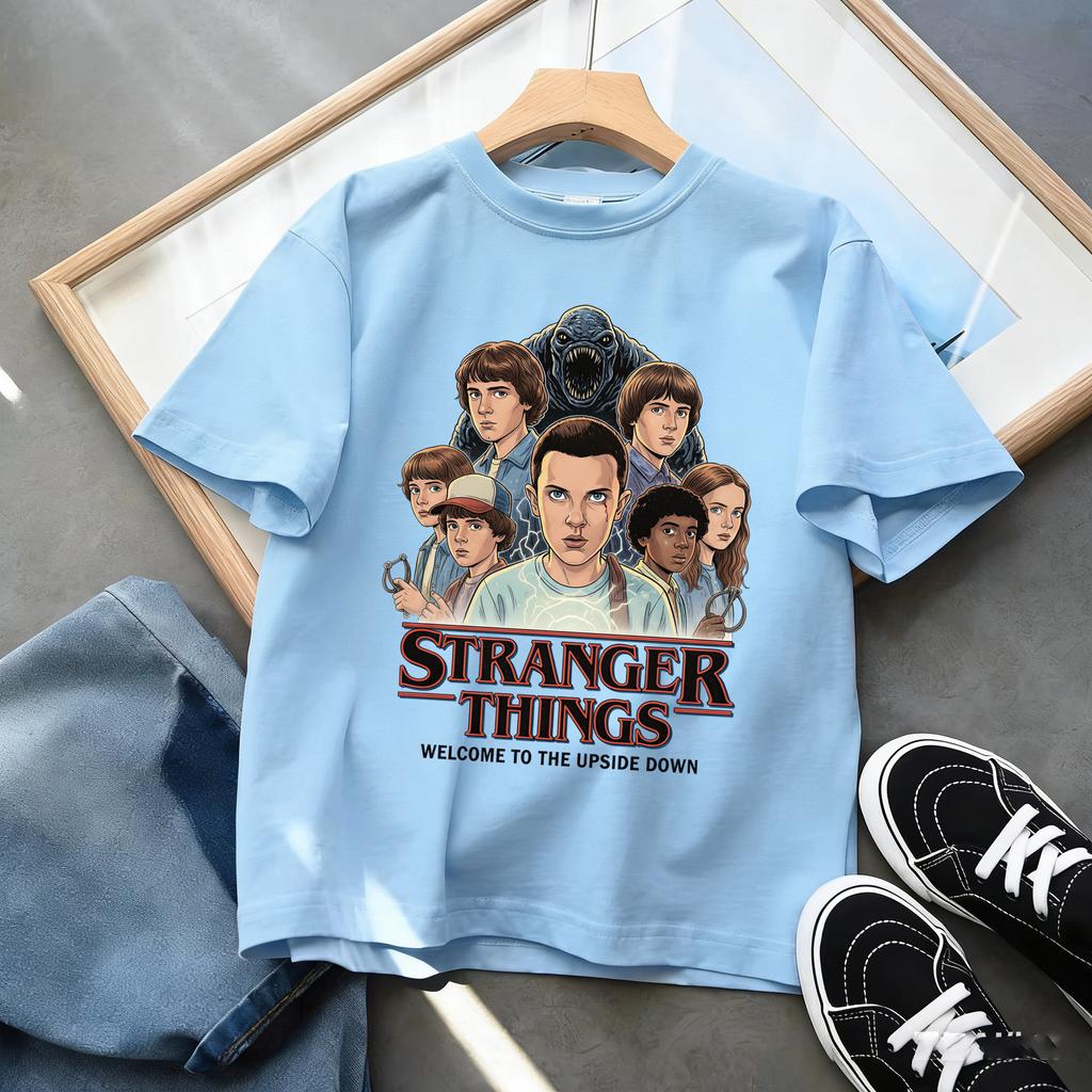 Boys and Girls Demogorgon Hawkins Top Stranger Things Childrens Cartoon Print Pure Cotton Tshirt 2026 Summer Round Neck