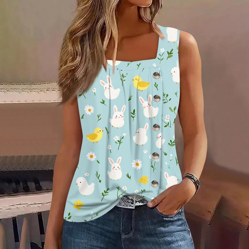 Women's Fashion Casual Basic Pleated Plain Button Square Collar Sleeveless Vest Print Summer Tank Tops