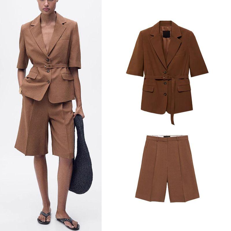 Lapel Half Sleeve Shoelace Suit Outwear 87057896 Mid Waist Pleated Straight Shorts 87067896