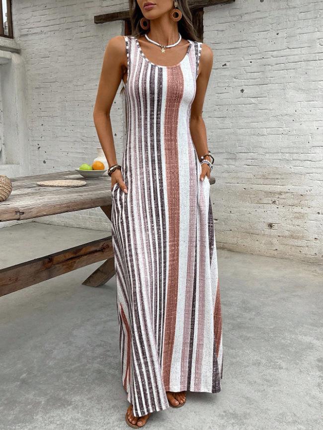 

2026 Summer Fashion European & American Striped Sleeveless Long Dress with Pockets XL верблюд