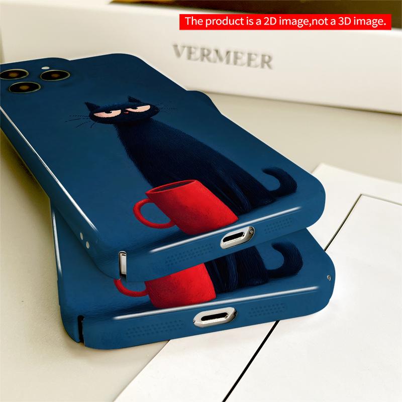 2DFlat Grumpy Black Cat with Red Mug All inclusive film hard iPhone case, compatible with iPhone 18 Pro Max 17 16 15 14 13 12 11
