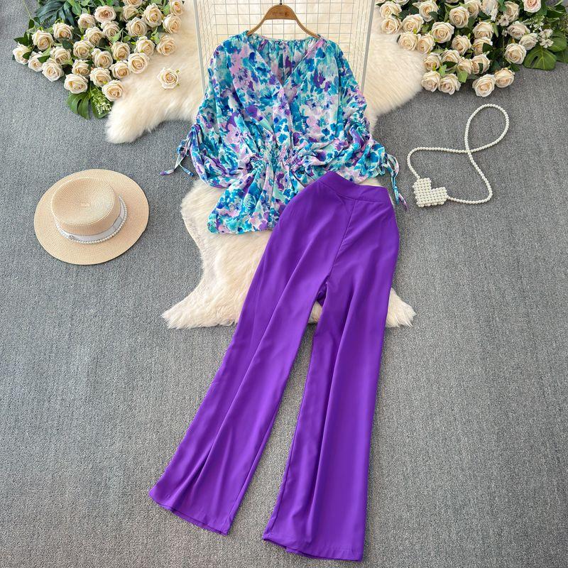 Fashion Short Sleeve V Neck Waist-Tight Straight-leg Fashion Suit