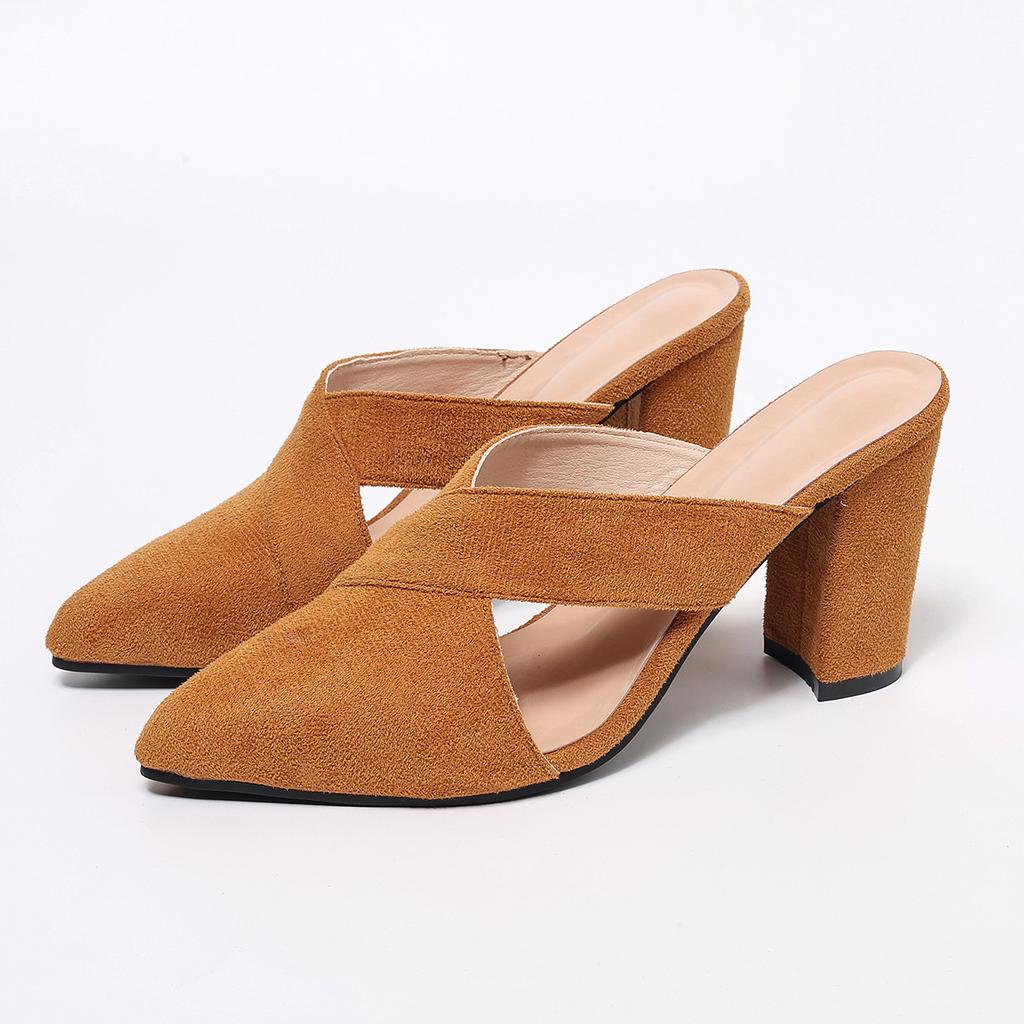 Women's Wide Width High Heel Mules, Chunky Heel Closed-Toe Slides, European Wholesale Slippers for Women