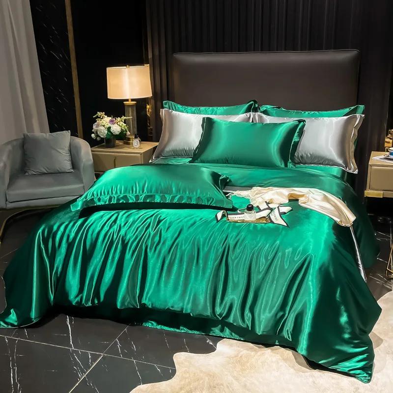 Conjunto de Roupa de Cama Nórdico 100% Seda com Capa de Edredom Lençol Fronha Luxo Casal Solteiro Casal Verão Liso Rainha Rei Lençol