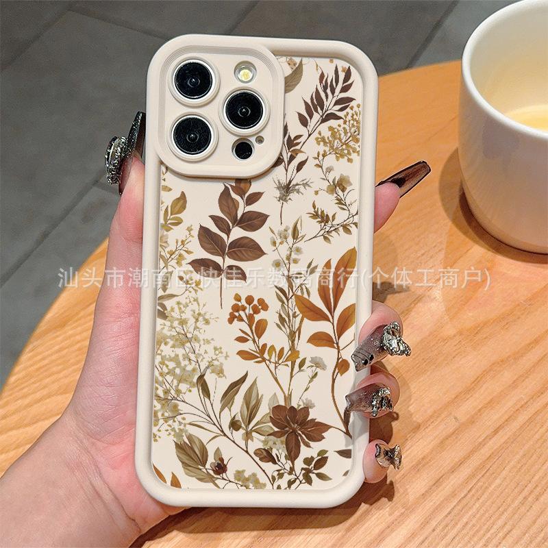Vintage Brown iPhone Apple 11/12/13/14/15Pro Flower Phone Case 16/17ProMax Anti-drop
