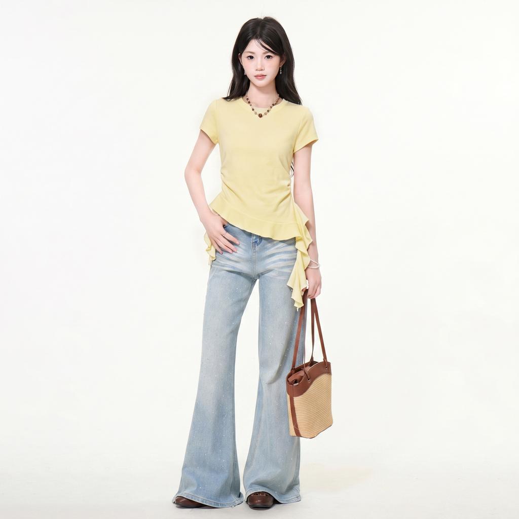 White irregular ruffle front shoulder crew neck short-sleeved T-shirt women's summer high-end spice slim top
