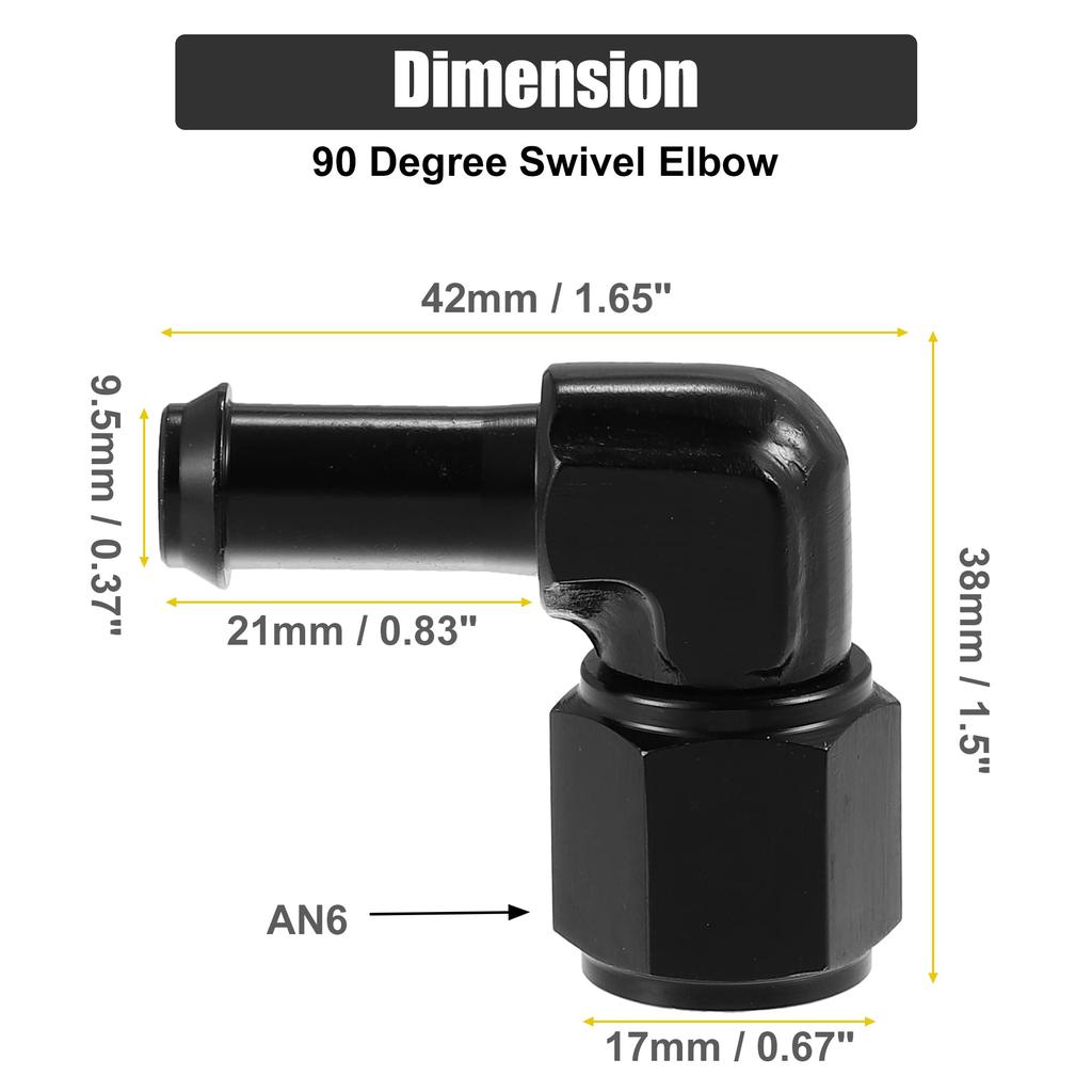 uxcell Car Fuel Hose Fitting Adapter 90° Female AN6-9.5mm Swivel Hose Barb Fitting Aluminum Alloy Black