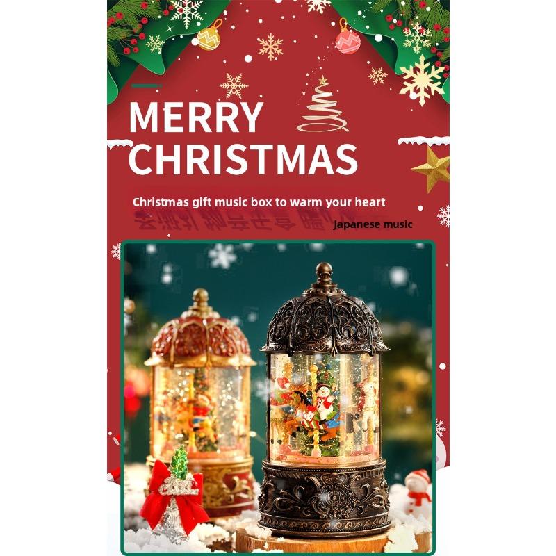 Retro Christmas Carousel Santa Claus Tree Music Box with Crystal Ball Snow Children's Birthday Gift Wooden Music Box