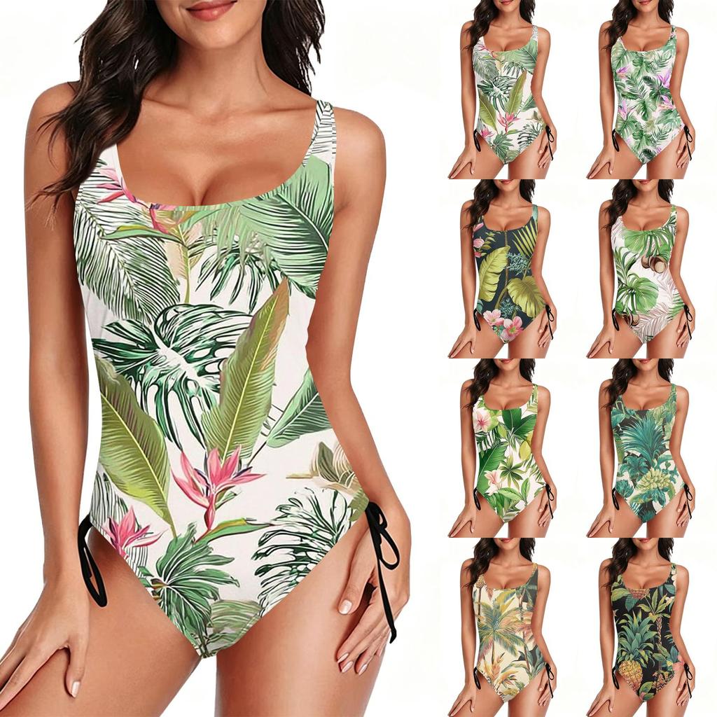 Women's Swimsuit with Tropical Leaf and Floral Print Adjustable Side Drawstring Scoop Neck Bathing Suit