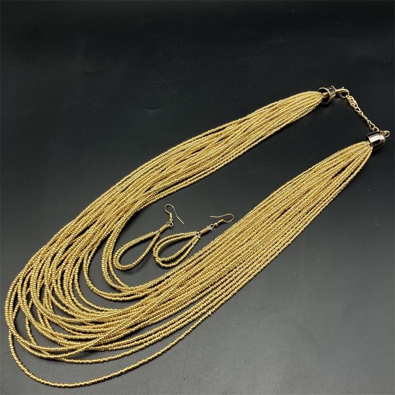 Ethnic Style Long Necklace and Earring Set with Rice and Acrylic Beads золотой