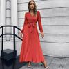 Women V Neck Long Sleeve Pleated A Line Solid Color Lace Up High Waist All Match Dresses S-XXL