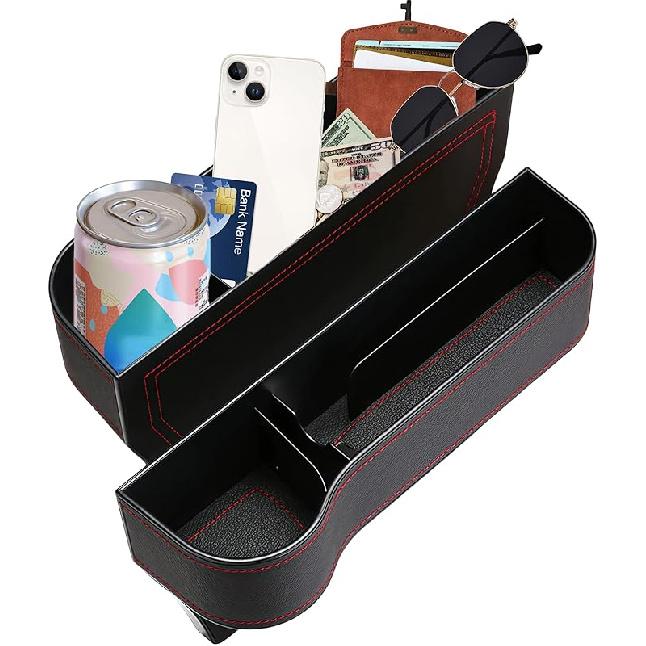 Premium Leather 2 PC Car Seat Gap Filler Organizer, Multifunctional Car Seat Organizer With Cup Holder For Drink,Car Leather Cup Holder Gap Bag Front