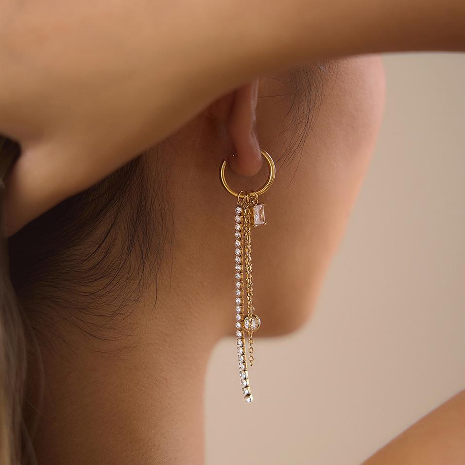 White Square Zirconia Rhinestone Chain Dangle Tassel Earrings for Women 18K Gold Plated Stainless Steel Jewelry for Fashion