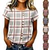 Women Plaid Crew Neck Short Sleeve Casual T Shirt Button Down Loose Fit Soft Fabric Top for Daily Wear and Outdoor Activities