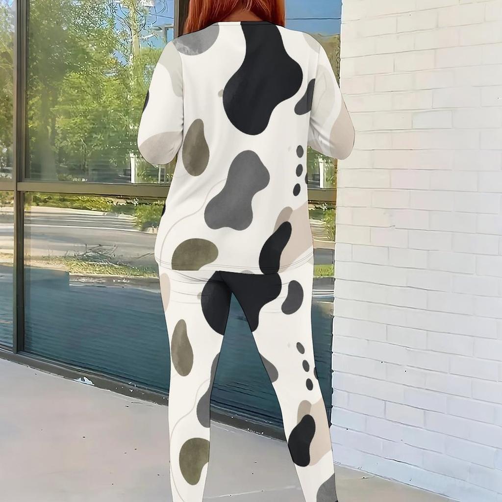Women Plus Size Round Neck Long Sleeve Printed Top Fitted Pants Two Piece Set