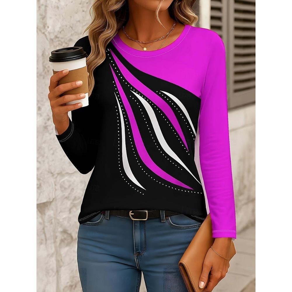 Women's T-shirt Casual Long Sleeve Tops Geometric Abstract Graphic Tees Shirts Blouse O-neck Fall Winter Streetwear Pullover