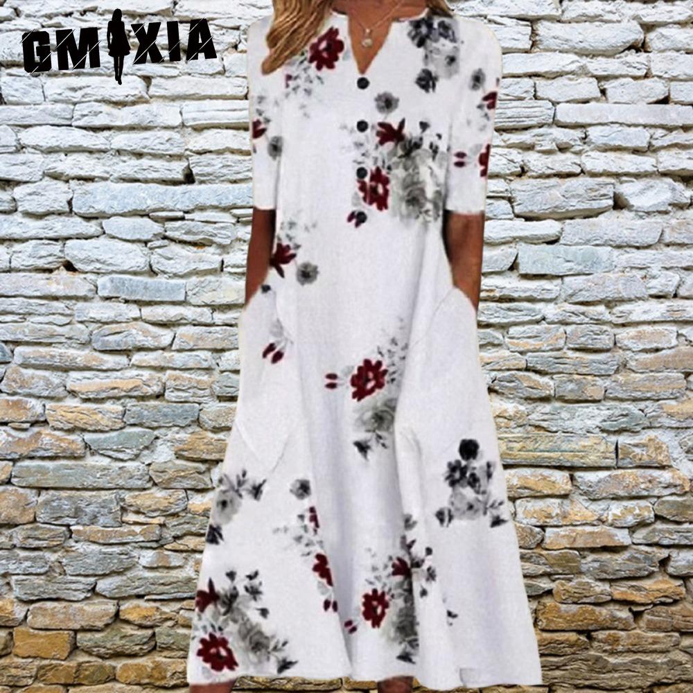 

GMXIA Элегантные женские платья с V-образным вырезом, коротким рукавом, на пуговицах, вечернее платье, женское летнее винтажное платье с принтом, повседневные свободные цветочные женские платья XXL