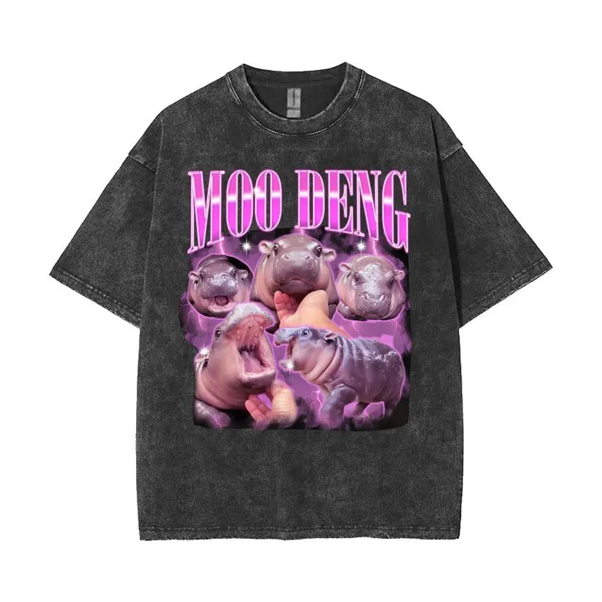 Moo Deng Cute The Baby Hippo Rap 90s Vintage Washed T-shirt Funny Meme Tee Shirt Men Women Summer High Quality Oversized T Shirt
