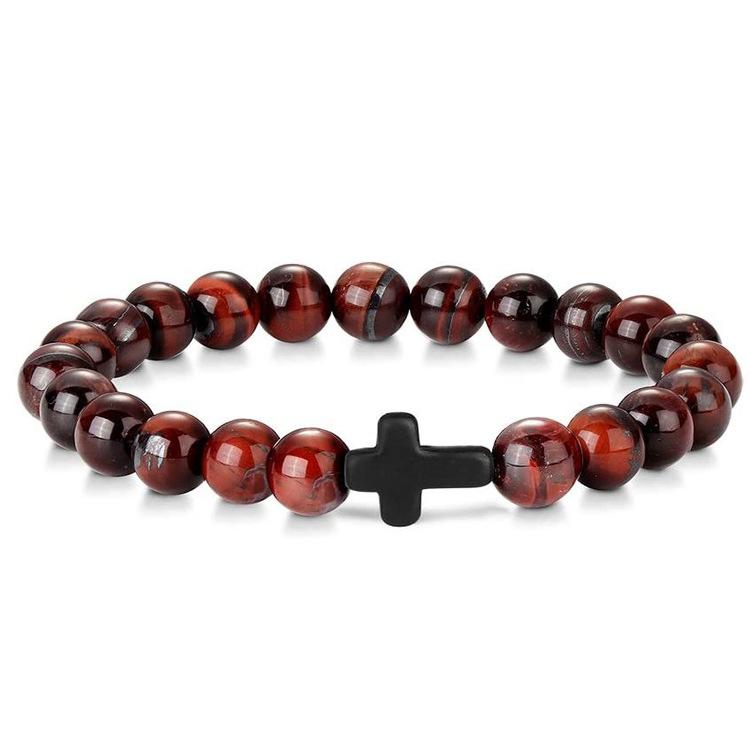 New Retro Cross Natural Stone Bracelet Tiger Eye Stone Lava Volcanic Stone Elastic Bead Men's Bracelet
