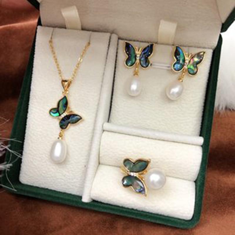 Freshwater Pearl & Hemp Butterfly Jewelry Set - Necklace, Earrings, Ring & Elegant Collarbone Chain 7-8mm