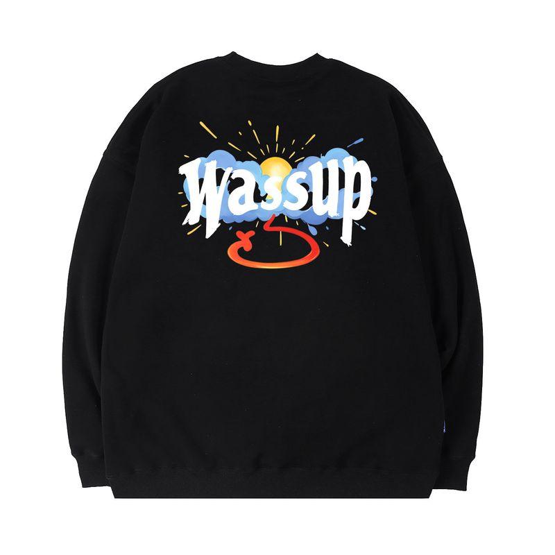 Wassup Cloud Sun National Trend Brand Crew Neck Sweatshirt Men's Autumn/Winter 2024 New Fleece-Lined Heavyweight Pullover Top