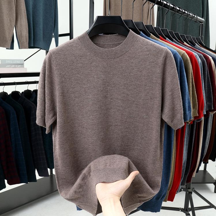 Men's 100% Wool Round Neck Sweater - Solid Color, Long Sleeve, High-End Casual Base Layer for Autumn/Winter