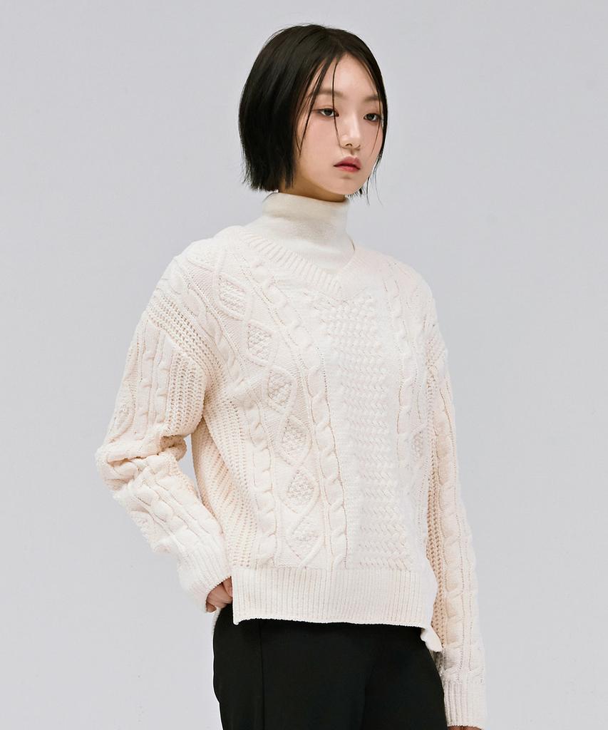 CHASECULT Women'S V-Neck Cable Sweater - Ivory