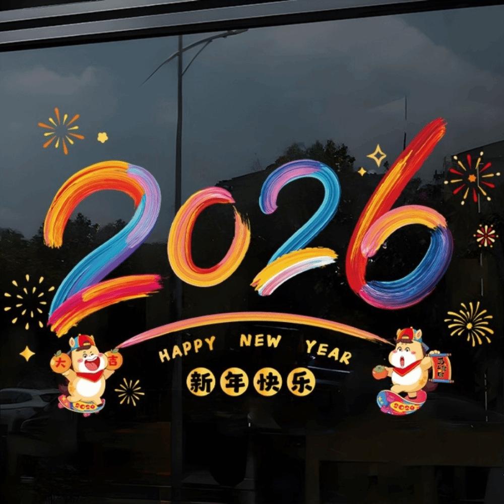 Large Size 2026 New Year Window Stickers Colorful Window Glass Decor  Living Room
