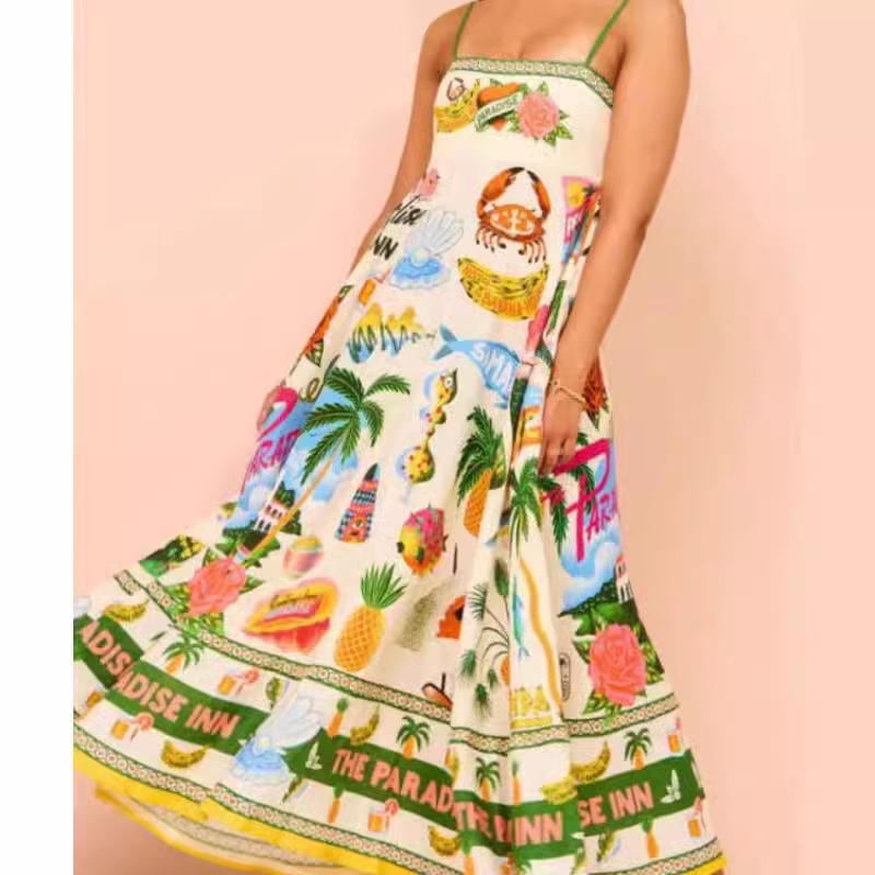 Temperament Fashion European & American Sling Casual Summer Elegant Women's High-Waist Print Dress 2025