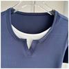 Plus Size Fake Two-Piece Color Block Short Sleeve T-Shirt Ribbed Slimming Top For Women Versatile Breathable Soft Material Flattering Slim Women Top