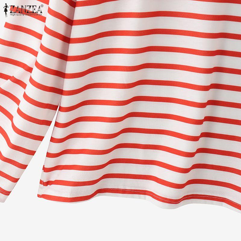 ZANZEA Bluză lejeră, cu mâneci lungi, în dungi, cu gât rotund