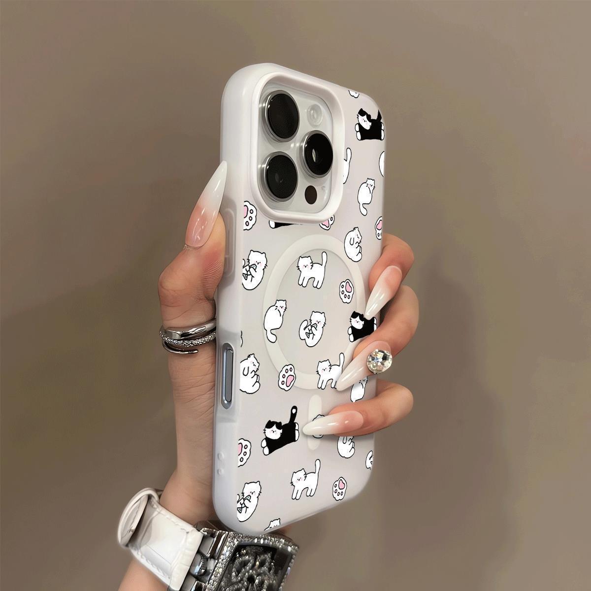 

Jelly Magnetic Phone Case for Apple 17 Pro - Black/White Kittens Design, Frosted Model 13/14/15/17. 11 Pro Max