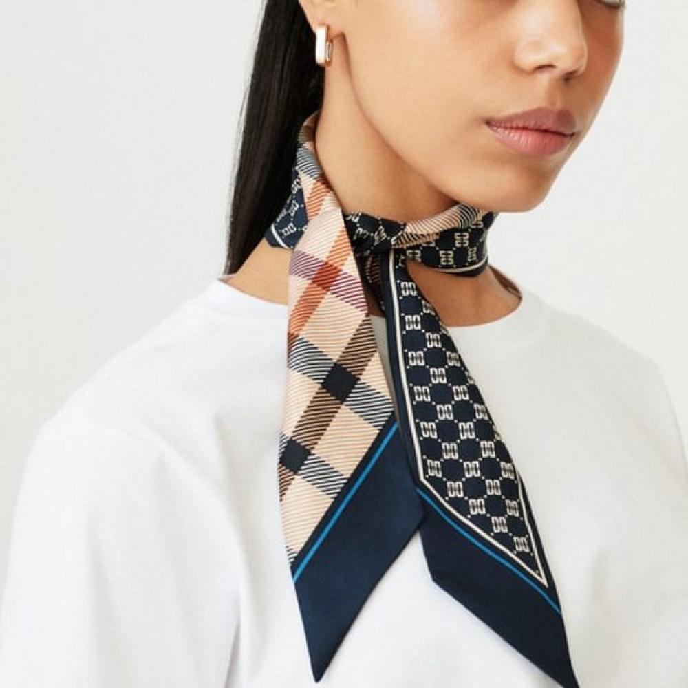 Dcsc4e121n2 [Silk 100 ] Navy Check Print Petite Silk Scarf Single option