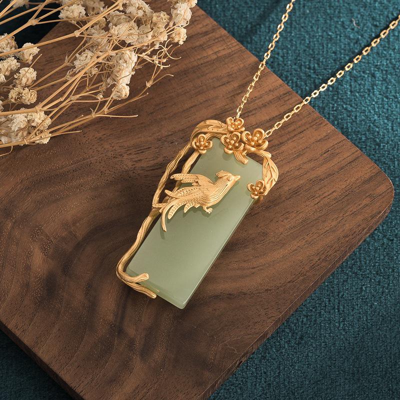 Chinese Court-Style Magpie & Flower Jade Pendant Necklace