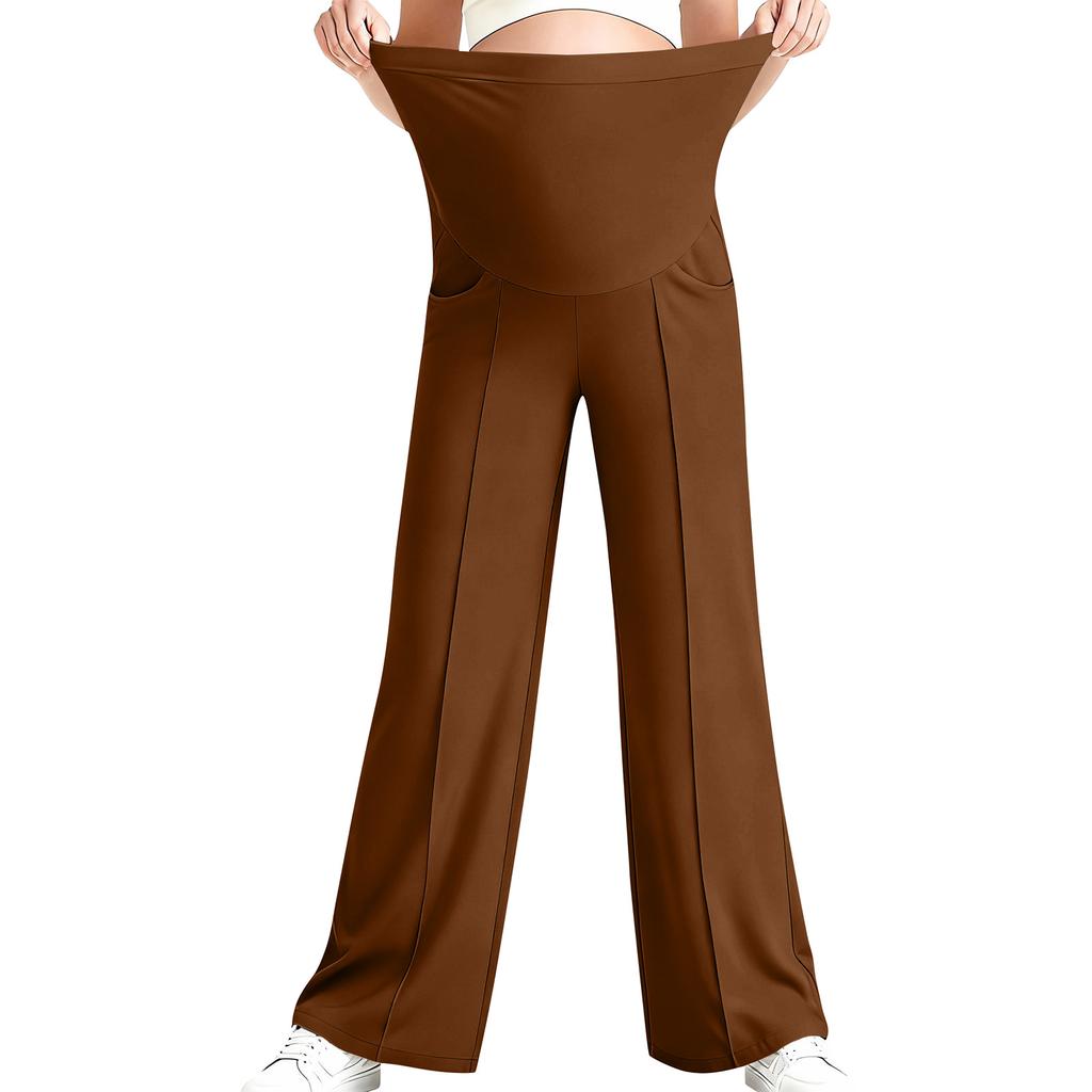 Pantaloni de yoga pentru maternitate, Cu buzunar pe burtă, Pantaloni elastici cu picior larg pentru lucru/casual, Pantaloni lounge pentru maternitate