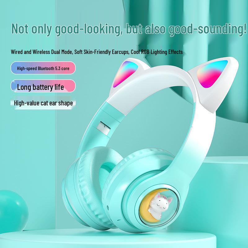 

STN28S Cat Ear Bluetooth 5.3 Luminous Kawaii Headphones зелений
