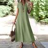 Women's Fashion V-Neck Short Sleeve Solid Color Zipper Casual Vacation Long Dress Cotton Linen Dresses