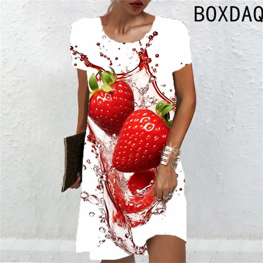 

O-neck Short-sleeved Loose Mini Dress Casual 3d Sweet Fruit Food Print Beach Party Dress Summer Fashion Dress 6XL