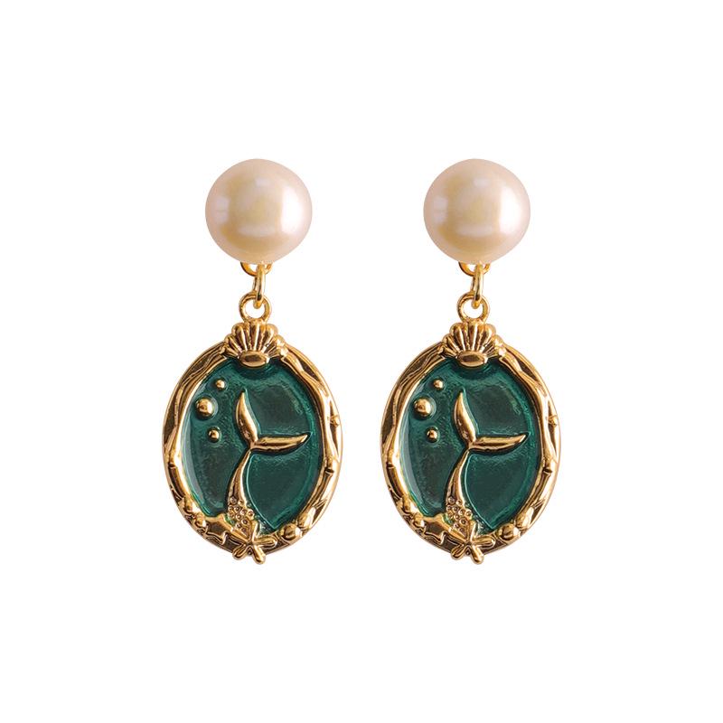 Elegant French Retro Mermaid Drip Oil Earrings: Non-Fading, Double-Sided, Color Block Dangling Jewelry for Women