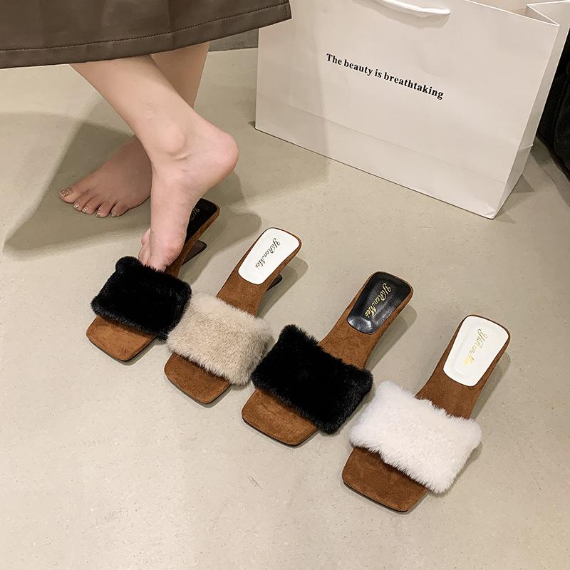 Papuci pufoși premium noi, cu toc înalt, din catifea, din bumbac, 2025, purtați toamna și iarna, papuci răcoroși cu toc înclinat