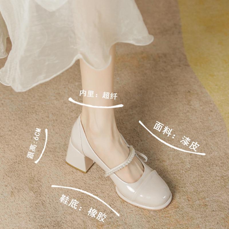 High heels women's summer new thick heel gentle bow pearl Mary Jane shallow mouth single shoes women