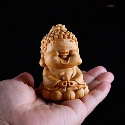 Cute Mini Shakyamuni Buddha Statue, Carved from Premium Natural Boxwood, Perfect for Soto Zen Buddhism, Zazen, or as a Laughing Buddha, Buddhist Altar