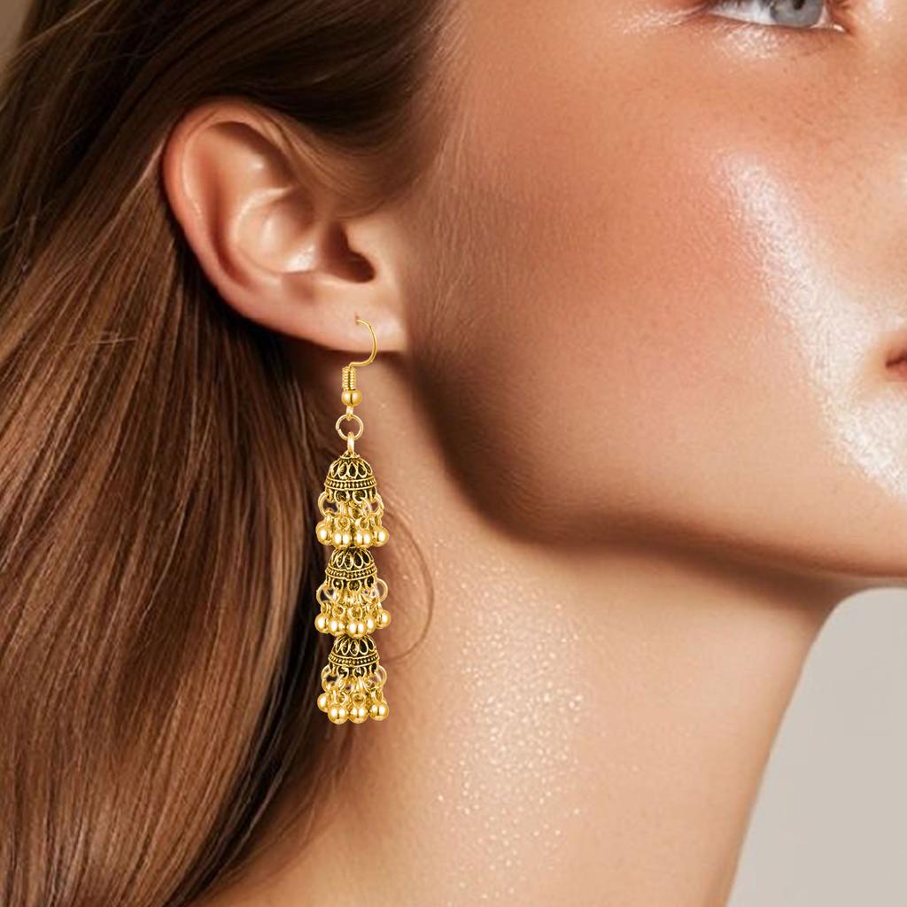 Pair Of Alloy Made Bohemian Style Dangling Earrings With Three Layer Hollow Out Bell Tassels For Versatile Outfits And Special Event
