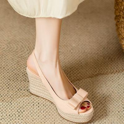 Straw Sandals Women's 2025 Summer Bow Platform Retro Niche Open-toed High Heels Women's Wedge Heel Casual Sandals