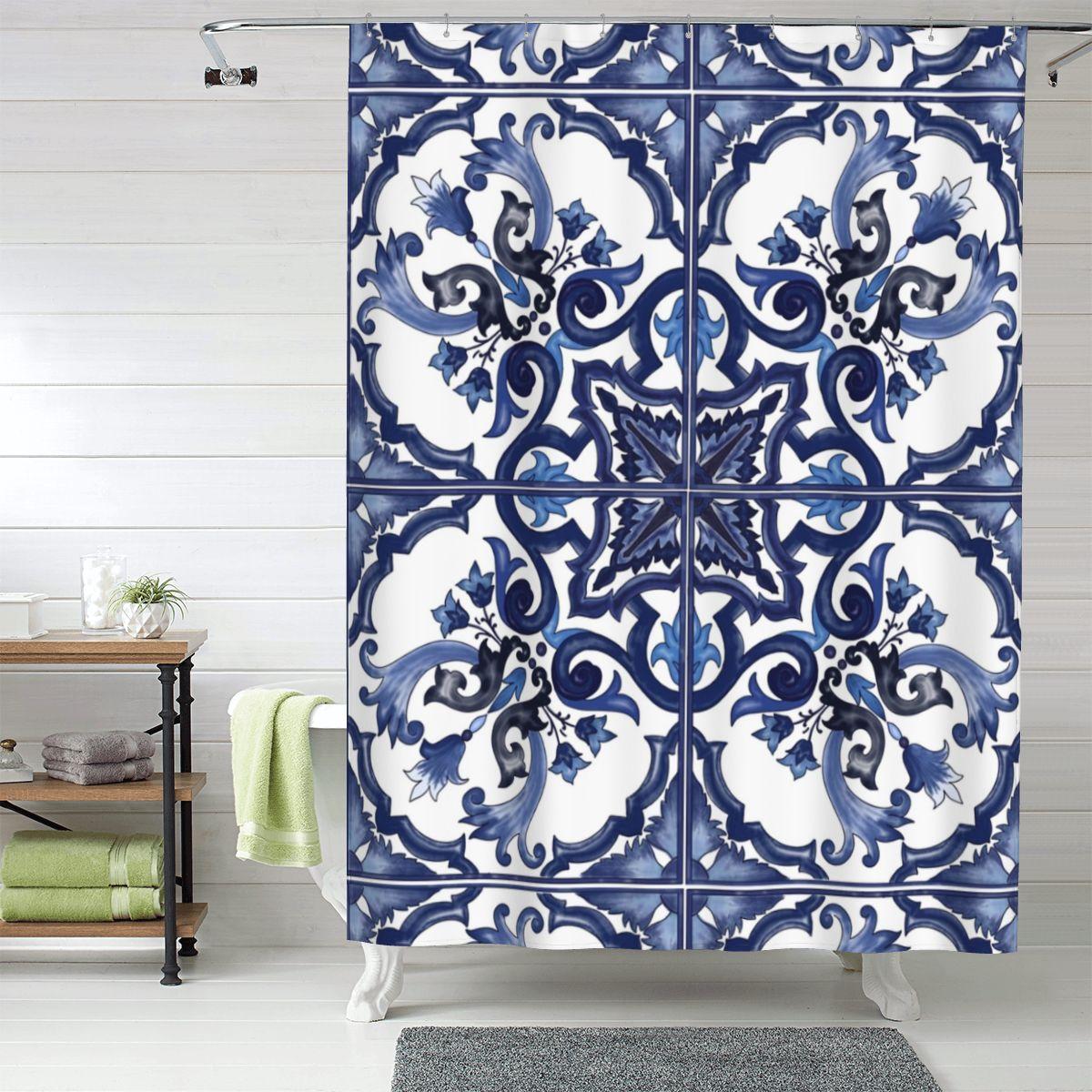 Helenal Blue Ornate Floral Mediterranean Sicilian Tile Shower Curtain Bathroom Polyester Waterproof Bath Curtains With Hooks