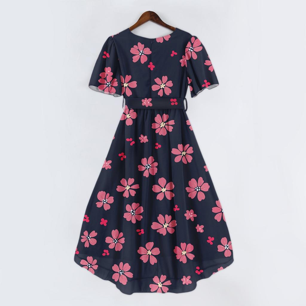 Kadın Moda Günlük V Yaka Kısa Kollu Fırfırlı Vintage Baskılı Elbiseler