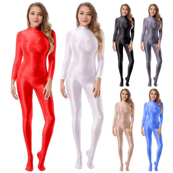 Lady Glossy Bodystocking Stretchy Sexy Full Bodysuit Long Sleeve Jumpsuit with Zipper Shiny Smooth Leotard Catsuit for Dance Practice Club Pole Dance